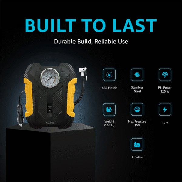 Alternative view of DAPS Portable DC Tyre Inflator 12V, 150 PSI with Analog Pressure Gauge and LED Light
