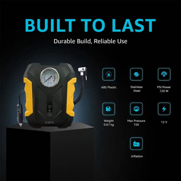 Alternative view of DAPS Portable DC Tyre Inflator 12V, 150 PSI with Analog Pressure Gauge and LED Light